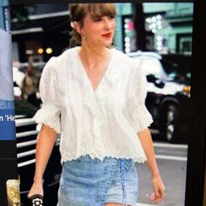 DOEN Sz L Henri Voile Eyelet Top in White